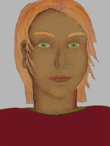 a portrait of a person with caramel skin, red hair, and a wine coloured shirt