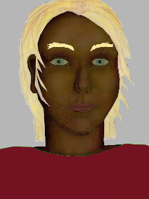 a portrait of a person with chocolate skin, blonde hair, and a winel coloured shirt