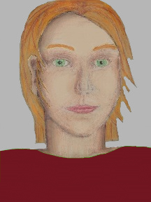 a portrait of a person with cream skin, red hair, and a wine coloured shirt
