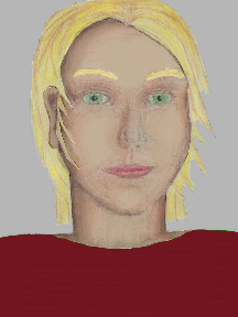 a portrait of a person with cream skin, blonde hair, and a winel coloured shirt