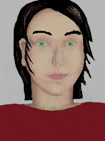 a portrait of a person with cream skin, black hair, and a wine coloured shirt