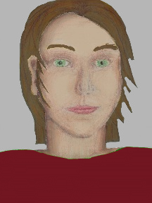 a portrait of a person with cream skin, brown hair, and a wine coloured shirt