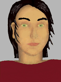 a portrait of a person with golden skin, black hair, and a wine coloured shirt