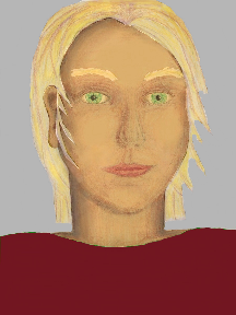a portrait of a person with golden skin, blonde hair, and a wine coloured shirt