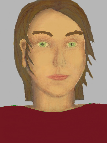 a portrait of a person with golden skin, brown hair, and a wine coloured shirt