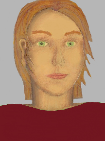 a portrait of a person with golden skin, red hair, and a wine coloured shirt