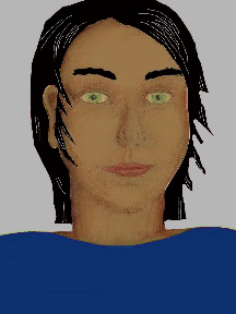 a portrait of a person with caramel skin, black hair, and a blue coloured shirt