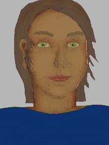 a portrait of a person with caramel skin, brown hair, and a blue coloured shirt