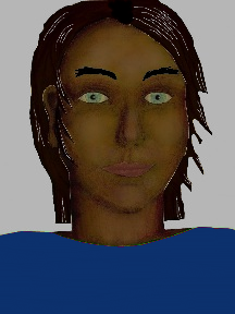 a portrait of a person with chocolate skin, black hair, and a blue coloured shirt