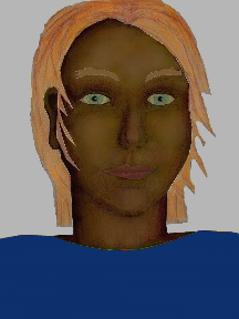 a portrait of a person with chocolate skin, red hair, and a blue coloured shirt