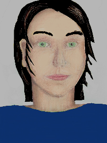 a portrait of a person with cream skin, black hair, and a blue coloured shirt