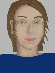 a portrait of a person with cream skin, brown hair, and a blue coloured shirt