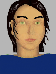 a portrait of a person with golden skin, black hair, and a blue coloured shirt