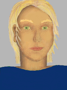 a portrait of a person with golden skin, blonde hair, and a blue coloured shirt