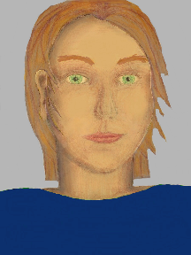 a portrait of a person with golden skin, red hair, and a blue coloured shirt