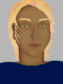 a portrait of a person with caramel skin, blonde hair, and a navy blue coloured shirt