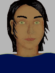 a portrait of a person with caramel skin, black hair, and a navy blue coloured shirt