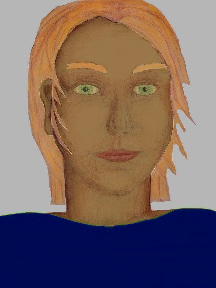 a portrait of a person with caramel skin, red hair, and a navy blue coloured shirt