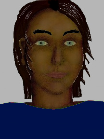 a portrait of a person with chocolate skin, black hair, and a navy blue coloured shirt