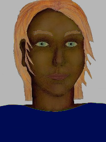 a portrait of a person with chocolate skin, red hair, and a navy blue coloured shirt