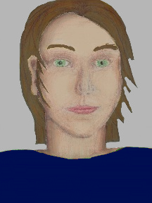 a portrait of a person with cream skin, brown hair, and a navy blue coloured shirt