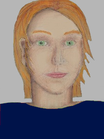 a portrait of a person with cream skin, red hair, and a navy blue coloured shirt