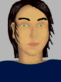 a portrait of a person with golden skin, black hair, and a navy blue coloured shirt
