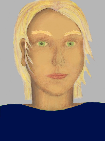 a portrait of a person with golden skin, blonde hair, and a navy blue coloured shirt