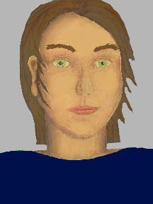 a portrait of a person with golden skin, brown hair, and a navy blue coloured shirt