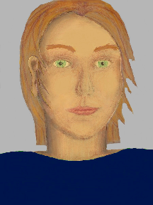 a portrait of a person with golden skin, red hair, and a navy blue coloured shirt