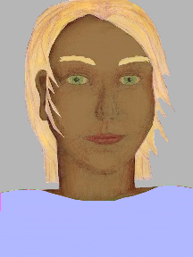 a portrait of a person with caramel skin, blonde hair, and a light indigo coloured shirt
