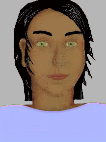 a portrait of a person with caramel skin, black hair, and a light indigo coloured shirt