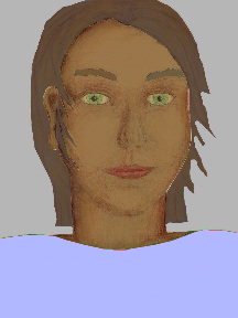 a portrait of a person with caramel skin, brown hair, and a light indigo coloured shirt