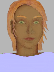 a portrait of a person with caramel skin, red hair, and a light indigo coloured shirt