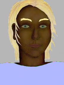 a portrait of a person with chocolate skin, blonde hair, and a light indigo coloured shirt