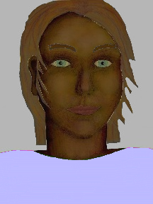 a portrait of a person with chocolate skin, brown hair, and a light indigo coloured shirt