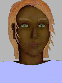 a portrait of a person with chocolate skin, red hair, and a light indigo coloured shirt