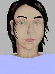 a portrait of a person with cream skin, black hair, and a light indigo coloured shirt