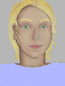 a portrait of a person with cream skin, blonde hair, and a light indigo coloured shirt