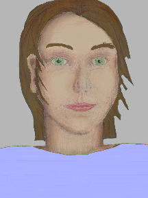 a portrait of a person with cream skin, brown hair, and a light indigo coloured shirt