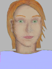 a portrait of a person with cream skin, red hair, and a light indigo coloured shirt