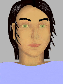 a portrait of a person with golden skin, black hair, and a light indigo coloured shirt