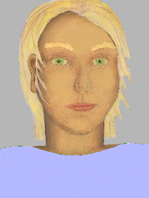 a portrait of a person with golden skin, blonde hair, and a light indigo coloured shirt
