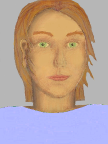 a portrait of a person with golden skin, red hair, and a light indigo coloured shirt