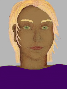 a portrait of a person with caramel skin, blonde hair, and a indigo coloured shirt