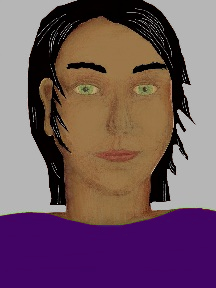 a portrait of a person with caramel skin, black hair, and a indigo coloured shirt