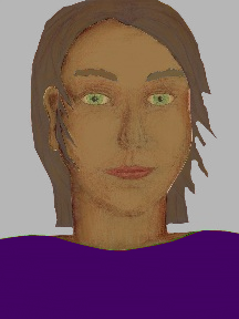 a portrait of a person with caramel skin, brown hair, and a indigo coloured shirt