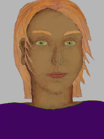 a portrait of a person with caramel skin, red hair, and a indigo coloured shirt