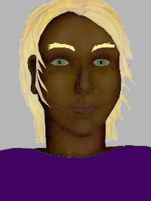a portrait of a person with chocolate skin, blonde hair, and a indigo coloured shirt