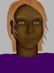 a portrait of a person with chocolate skin, red hair, and an indigo coloured shirt